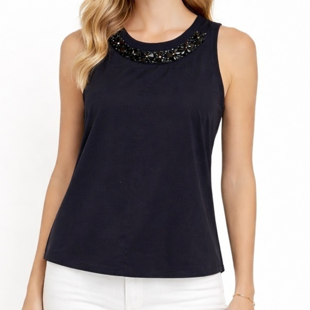 Rebecca Taylor 100% Silk Embellished Neckline Sleeveless Top Black 0 / XS